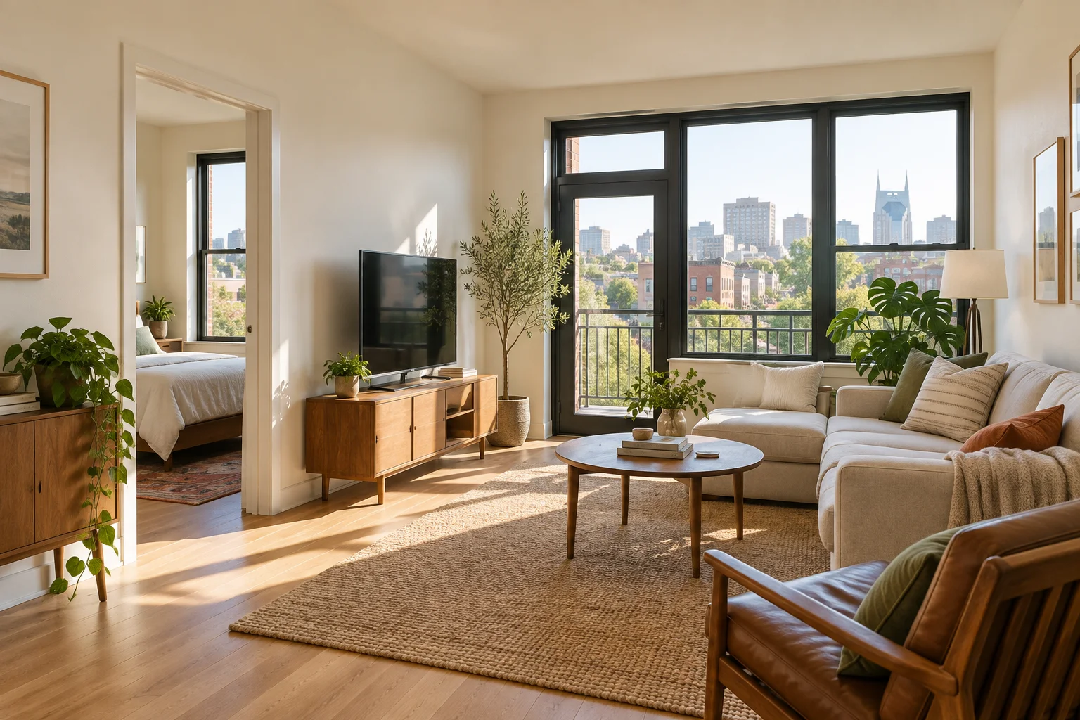 Bright apartment living room with a city skyline visible through the windows