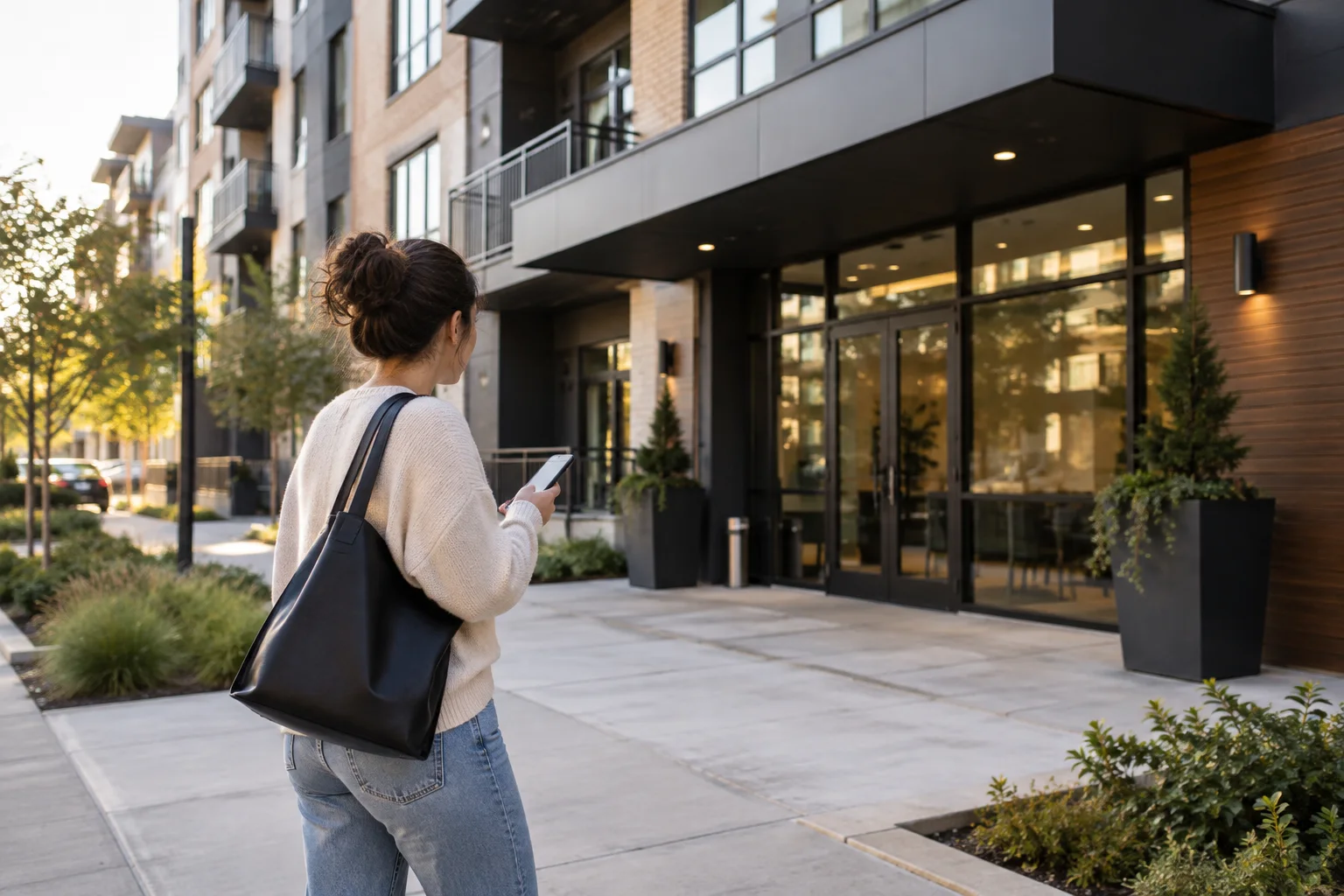 A prospective renter using her phone outside a modern apartment community