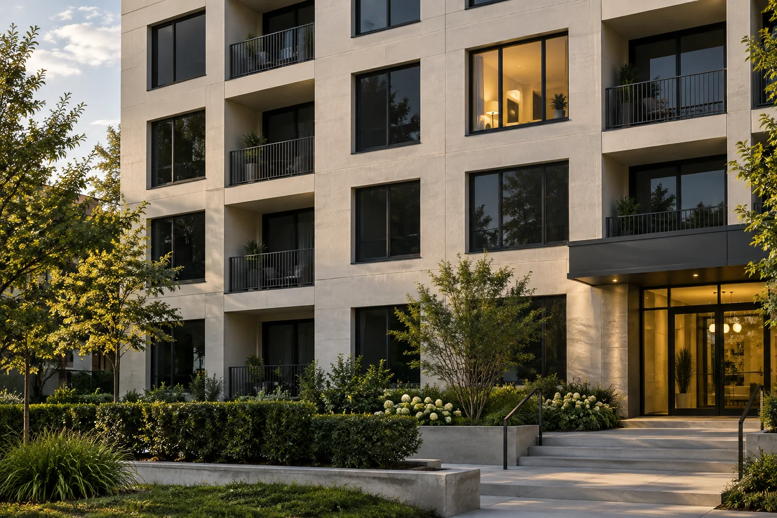 A modern multifamily apartment building with several vacant units